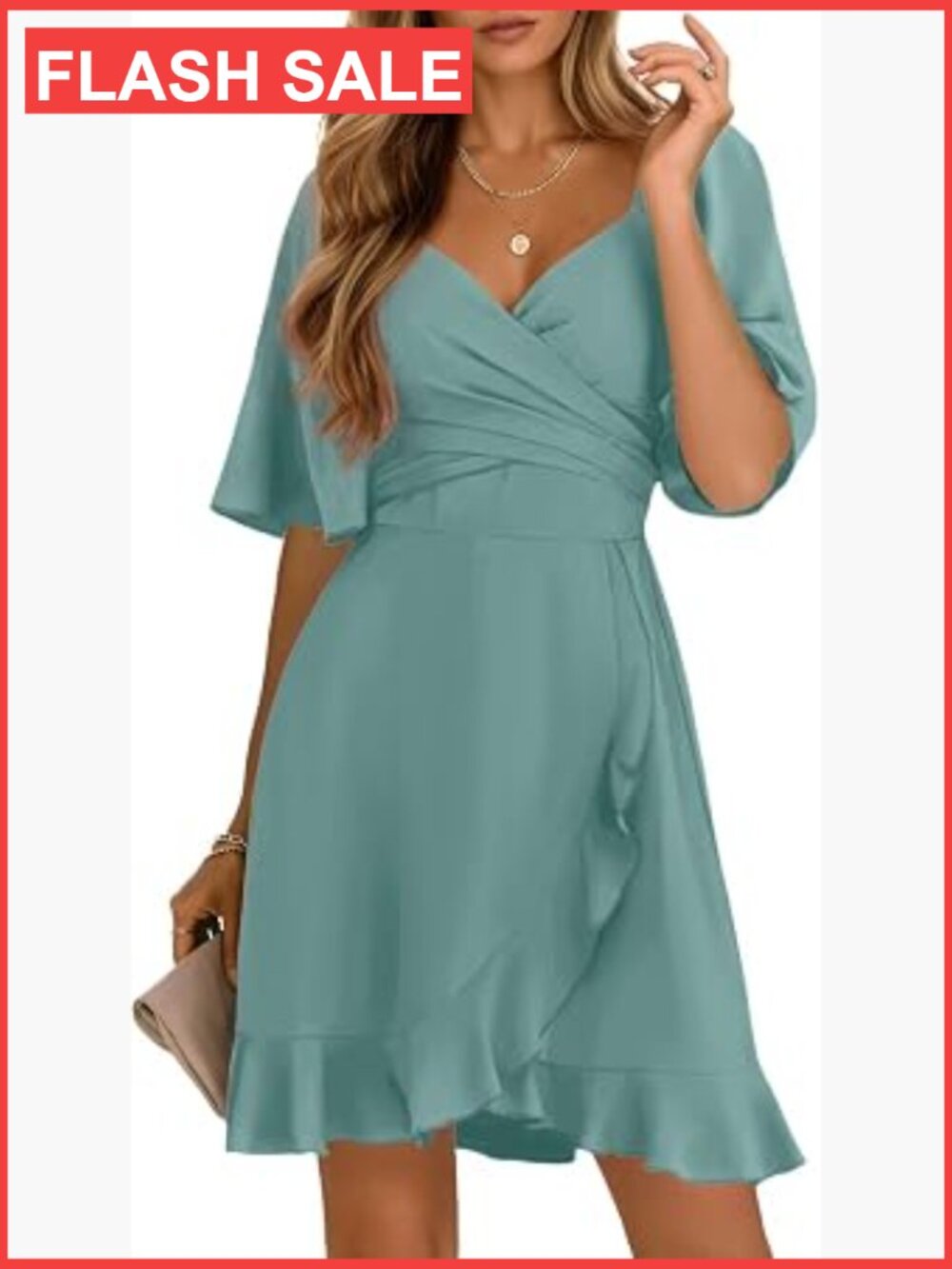 Women's Smocked Wrap V-Neck Mini Dress Flared Short Sleeve Tiered Ruffle Hem